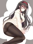  arm_support ass bare_shoulders black_hair black_legwear glasses hairband kasumigaoka_utaha long_hair long_legs lying no_pants off-shoulder_sweater on_side panties panties_under_pantyhose pantyhose red_eyes ribbed_sweater saenai_heroine_no_sodatekata solo sotogawa_max sweater thighband_pantyhose underwear 