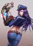  ass badcompzero blue_eyes breasts caitlyn_(league_of_legends) cosplay cupcake food gauntlets hips league_of_legends long_hair looking_at_viewer looking_back medium_breasts officer_vi police police_uniform purple_hair solo uniform vi_(league_of_legends) vi_(league_of_legends)_(cosplay) 