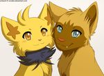  ambiguous_gender black_fur blush brown_fur cute duo fangs feline fur green_eyes hyena lion looking_at_viewer mammal nintendo orange_eyes plain_background pok&eacute;mon poochyena shiny smile soraiko tan_fur video_games yellow_fur 