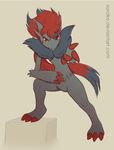  ambiguous_gender black_fur canine fur hair mammal nintendo plain_background pok&eacute;mon red_eyes red_hair smile solo soraiko teeth video_games zoroark 