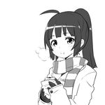  eating greyscale monochrome ponytail scarf simple_background solo white_background zaxwu 