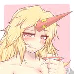  blonde_hair blush breasts cleavage collarbone cube85 cup grin horn hoshiguma_yuugi large_breasts looking_at_viewer nude out-of-frame_censoring red_eyes sakazuki smile solo star touhou upper_body 