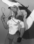 2015 avian bird black_feathers claws clothed clothing dragon gloves half-dressed horn human humanoid hybrid looking_at_viewer male mammal monochrome nipples pants rhyu scalie sketch smile solo topless vulture white_feathers wings 