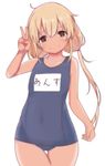  blonde_hair brown_eyes character_name futaba_anzu idolmaster idolmaster_cinderella_girls long_hair looking_at_viewer name_tag one-piece_swimsuit ryuu. school_swimsuit simple_background smile solo swimsuit tan translated twintails v white_background 