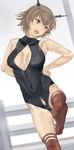  antennae artist_request breasts brown_hair cleavage cleavage_cutout front_zipper_swimsuit green_eyes kantai_collection kneehighs kneesocks mutsu_(kantai_collection) one-piece_swimsuit short_hair swimsuit unzipped zipper 