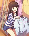  :d bangs blunt_bangs brown_eyes brown_hair coat leaning_forward long_hair looking_at_viewer nanase_yoshino official_art open_mouth skirt skis smile solo striped vertical_stripes wake_up_girls! wake_up_girls!_stage_no_tenshi winter_clothes winter_coat 