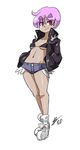 alternate_costume bigdead93 bikini_top breasts casual denim denim_shorts eyebrows full_body hands_in_pockets high_collar highres jacket leather leather_jacket lilith_aensland navel open_clothes open_jacket pink_hair red_eyes shoes short_hair shorts small_breasts sneakers solo thick_eyebrows underboob vampire_(game) 