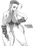  1girl beret breasts cammy_white capcom female hat large_breasts monochrome solo street_fighter street_fighter_ii yuri_ai 
