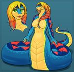  2015 blonde_hair blue_skin breasts female green_eyes hair humanoid lips looking_at_viewer looking_back model_sheet naga red_hair red_skin royalty_(artist) scalie solo yellow_skin 