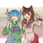  ^_^ animal_ears bad_id bad_pixiv_id blue_hair brown_hair clenched_hands closed_eyes dress drill_hair fang head_fins imaizumi_kagerou multiple_girls niwatori_(shimatori042) open_mouth red_eyes smile touhou wakasagihime wolf_ears 