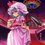  ascot bad_id bad_pixiv_id bat_wings blue_hair brooch chandelier checkered checkered_floor hand_on_own_chest hat hat_ribbon highres houhokekyo indoors jewelry light_smile mob_cap plant potted_plant railing red_carpet red_eyes remilia_scarlet ribbon sash short_hair short_sleeves skirt skirt_hold skirt_set solo stairs touhou wings wrist_cuffs 