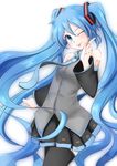  :p absurdres blue_eyes blue_hair detached_sleeves hatsune_miku highres kazenoko long_hair necktie one_eye_closed skirt solo thighhighs tongue tongue_out twintails very_long_hair vocaloid white_background 