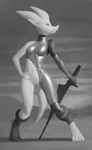  alien anthro bottomless clothed clothing female greyscale half-dressed indexer leather monochrome nude pussy solo sword weapon 