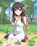  bare_shoulders blue_eyes brown_hair day dress headphones long_hair looking_at_viewer official_art outdoors shimada_mayu sitting smile solo sundress swing tree wake_up_girls! wake_up_girls!_stage_no_tenshi white_dress 