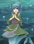  bad_id bad_pixiv_id blue_eyes blue_hair bubble head_fins interlocked_fingers japanese_clothes kimono mermaid monster_girl niwatori_(shimatori042) open_mouth smile touhou underwater wakasagihime 