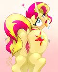  &lt;3 2015 anus butt cutie_mark cyan_eyes dock equestria_girls equine female feral fur hair horn joakaha mammal my_little_pony open_mouth pussy solo sunset_shimmer_(eg) tongue tongue_out two_tone_hair unicorn yellow_fur 