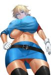  1girl abs artist_request belt black_legwear blonde_hair breasts female from_below gloves hellsing huge_breasts looking_at_viewer looking_down metalbolic midriff navel police_uniform red_eyes seras_victoria shirt short_hair simple_background skirt solo taut_clothes taut_shirt thighhighs toned underboob white_background 