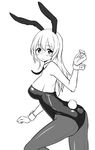  animal_ears blush breasts bunny_ears bunny_tail bunnysuit greyscale large_breasts long_hair monochrome pantyhose simple_background solo tail white_background zaxwu 