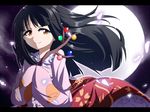  anime_coloring black_hair branch brown_eyes bwell full_moon hime_cut houraisan_kaguya jeweled_branch_of_hourai letterboxed long_hair long_sleeves looking_at_viewer moon night shirt skirt sky smile solo star_(sky) starry_sky touhou very_long_hair wide_sleeves 