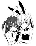  blush bunnysuit gloves greyscale holding_hands interlocked_fingers long_hair monochrome multiple_girls short_hair simple_background upper_body white_background zaxwu 