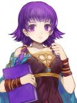  1girl bare_shoulders book cape dress fire_emblem fire_emblem:_seima_no_kouseki holding holding_book jewelry jurge lute_(fire_emblem) nintendo purple_eyes purple_hair short_hair solo twintails 