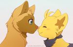  ambiguous_gender black_fur blush brown_fur cute duo eyes_closed fangs feline fur green_eyes hyena lion mammal nintendo plain_background pok&eacute;mon poochyena shinx smile soraiko tan_fur video_games yellow_fur 