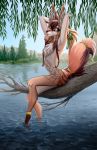  2018 ambiguous_gender anklet anthro bilai bracelet canine chest_tuft clothed clothing detailed_background digital_media_(artwork) facial_markings fennec forest fox hair jewelry lake long_hair looking_at_viewer mammal markings open_mouth outside partially_clothed piercing pinup pose raised_arm raised_tail sitting solo surprise tree tuft 