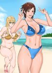  beach bikini blonde_hair breasts brown_eyes brown_hair cleavage cloud day double_v green_eyes highres kazama_asuka large_breasts lili_(tekken) midou_tsukasa multiple_girls navel ocean outdoors sandals short_hair sky sneaking standing swimsuit tekken v water 