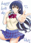  2015 bangs blue_hair bow bowtie box brown_eyes character_name collared_shirt dated gift happy_birthday heart-shaped_box highres holding holding_gift inanaki_shiki long_hair love_live! love_live!_school_idol_project otonokizaka_school_uniform plaid plaid_skirt pointing red_bow red_neckwear school_uniform shirt skirt smile solo sonoda_umi striped striped_bow striped_neckwear sweater_vest white_shirt yellow_eyes 