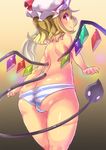  ass back blonde_hair cameltoe demon_tail flandre_scarlet from_behind hat hat_ribbon kazo laevatein laevatein_(tail) looking_at_viewer looking_back mob_cap panties pink_eyes ribbon side_ponytail smile solo striped striped_panties tail topless touhou underwear underwear_only wings 