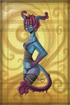  2012 anthro blue_skin bow breasts cleavage clothed clothing cteno eyewear female flat_chested glasses hair hi_res legwear lizard navel panties pink_hair purple_eyes raptor007 reptile scalie side_boob skimpy solo spots star stockings underwear unknown_species yellow_sclera 
