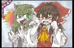  2girls anger_vein ascot blush bow brown_hair crying detached_sleeves frog_hair_ornament gap green_eyes green_hair hair_bow hair_ornament hair_tubes hakurei_reimu japanese_clothes kochiya_sanae long_hair long_sleeves looking_at_another miko multiple_girls open_mouth red_eyes shirt snake_hair_ornament suenari suenari_(peace) surprised sweat tears touhou trembling wide_sleeves 