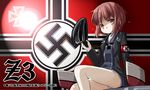  armband brown_eyes character_name flag_background hat hat_removed headwear_removed holding holding_hat inyucchi kantai_collection military military_uniform nazi nazi_war_ensign neckerchief panties pantyshot pantyshot_(sitting) peaked_cap red_hair short_hair sitting solo swastika translation_request underwear uniform white_panties z3_max_schultz_(kantai_collection) 