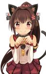  animal_ears brown_eyes brown_hair cat_ears cat_tail hair_intakes ido_(teketeke) kantai_collection kemonomimi_mode long_hair looking_at_viewer paw_pose pleated_skirt short_hair skirt smile solo tail yamato_(kantai_collection) 