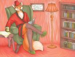  anthro anus book bookshelf brown_hair butt canine chair clothing coffee complex_background copics fez flesh fox green_eyes hair inside internal lamp lounging male mammal reading robe sitting slippers smile solo spix traditional_media_(artwork) worldf0x 