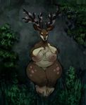  2015 anthro antlers big_breasts black_nose breasts brown_eyes brown_fur cassetterecorder cervine chubby deer female fur grass horn huge_breasts looking_at_viewer mammal navel nintendo nipples nude obese outside overweight plant pok&eacute;mon sawsbuck solo standing video_games 
