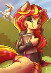  2015 absurd_res anthro book clothing equestria_girls equine female hair hi_res horn long_hair looking_at_viewer luke262 mammal my_little_pony outside sitting smile solo sunset_shimmer_(eg) two_tone_hair unicorn 