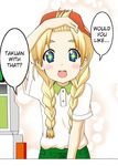  +_+ 1girl alternate_hairstyle blonde_hair blue_eyes blush braid employee_uniform eyebrows fast_food_uniform hard_translated izuko k-on! kotobuki_tsumugi long_hair part_time_job polo_shirt solo translated twin_braids uniform visor visor_cap 