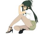  black-framed_eyewear black_hair breasts full_body glasses green_eyes hair_bun high_heels highres ino kisaragi_rei large_breasts long_hair looking_at_viewer miniskirt otome_function panties panties_under_pantyhose pantyhose pencil_skirt sheer_legwear simple_background skirt smile solo underwear white_background 