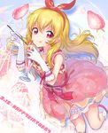  :d :p aikatsu! aikatsu!_(series) blonde_hair blush dated dress elbow_gloves gloves hair_ribbon happy_birthday highres hoshimiya_ichigo konbu_wakame long_hair looking_at_viewer open_mouth parfait red_eyes ribbon smile solo star star-shaped_pupils symbol-shaped_pupils tongue tongue_out 