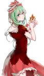  augetsix back bad_id bad_twitter_id blush bow dress frills front_ponytail green_eyes green_hair hair_bow hair_ornament hair_ribbon kagiyama_hina leaf long_hair looking_at_viewer looking_back maple_leaf puffy_sleeves ribbon short_sleeves simple_background solo touhou white_background 