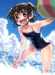  :d akagi_miria ball beachball black_hair brown_eyes competition_school_swimsuit highres idolmaster idolmaster_cinderella_girls ocean one-piece_swimsuit open_mouth short_hair short_twintails smile solo swimsuit takanashi_ringo twintails two_side_up 