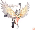  arms_above_head arms_out black_nipples breasts equine feathers female flying fur hair hooves horse looking_at_viewer malachi mammal nipples nude pegasus pink_eyes pink_fur solo spread_arms white_fur white_hair wings 