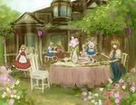  alice_margatroid apron blonde_hair blue_dress blue_eyes capelet chair cup day dress floating flower garden hairband house levitation light_smile lilac lolita_hairband long_hair looking_at_viewer outdoors ribbon sash shanghai_doll short_hair sketch solo table tablecloth tafuto tea_party tea_set teacup teapot tiered_tray touhou vase waist_apron 