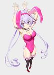  ahoge animal_ears bare_shoulders blush bow bowtie breasts bunny_ears bunny_tail bunnysuit cleavage hair_ribbon high_heels highres kori_inu_(aminkurara) large_breasts long_hair purple_eyes purple_hair ribbon senki_zesshou_symphogear silver_hair solo tail thighhighs twintails very_long_hair wrist_cuffs yukine_chris 