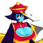  aqua_skin bad_id bad_tumblr_id blue_skin blush_stickers breasts chinese_clothes claws cleavage cleavage_cutout flipped_hair huge_breasts jiangshi lei_lei lips mato_spectoru ofuda purple_hair short_hair smile solo upper_body vampire_(game) white_background yellow_eyes 
