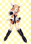  :d absurdres antenna_hair bangs black_gloves bodysuit breasts checkered checkered_background clenched_hands covered_navel fighting_stance gloves gradient gradient_background greaves headgear headphones highres light_brown_hair looking_at_viewer magical_girl microskirt official_art open_mouth orange_eyes outstretched_arm scan senki_zesshou_symphogear shadow short_hair showgirl_skirt skirt slim_legs small_breasts smile solo tachibana_hibiki_(symphogear) turtleneck v-shaped_eyebrows vambraces 