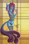  2012 anthro blue_skin bow breasts cleavage clothed clothing cteno eyewear female flat_chested glasses hair hi_res legwear lizard multiple_tails navel panties pink_hair purple_eyes raptor007 reptile scalie skimpy solo spots star stockings underwear unknown_species yellow_sclera 