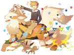  arcanine brown_hair eevee fangs flareon gen_1_pokemon hand_in_pocket heart heiwa_(murasiho) highres ookido_green open_mouth pidgeotto pointing pokemon pokemon_(creature) pokemon_(game) pokemon_hgss riding smile spiked_hair star yellow_eyes 