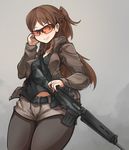  arceonn battle_rifle black_legwear braid breasts brown_hair fal_l1a1_(upotte!!) fn_fal french_braid gun half_updo jacket laser_sight long_hair pantyhose rifle shooting_glasses shorts small_breasts solo tank_top upotte!! weapon wide_hips 